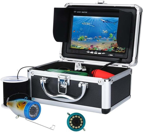720P Underwater Fishing Camera w/DVR, 7'' Portable Ice Fishing Camera  Underwater with IPS Monitor, 12pcs IR&12pcs LED Light 45°/90°/180° Fin,  Fish