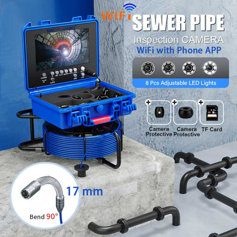 17mm WiFi Wireless Sewer Camera  9 Inch LCD DVR Video Recording  Inspection Video Endoscope with Meter Counter Waterproof LED Adjustable Snake Camera