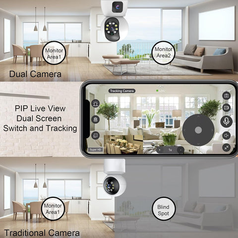 Dual Lens Indoor Camera, 2-in-1 Dual Screen Display 5G/2.4G WiFi Cameras for Home Security, 360 View Pan/Tilt Linkage Camera for Pet, Color Night Vision, 2 Way Audio, Motion Detection, Phone App