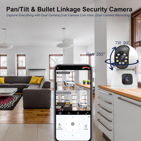 Dual Lens Indoor Camera, 2-in-1 Dual Screen Display 5G/2.4G WiFi Cameras for Home Security, 360 View Pan/Tilt Linkage Camera for Pet, Color Night Vision, 2 Way Audio, Motion Detection, Phone App