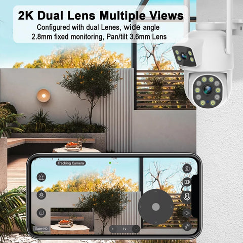 Dosilkc 2K Dual Lens Outdoor Security Camera, 360° View Pan/Tilt 2.4G WiFi & Wired Linkage Cameras for Home Security, Home Surveillance Camera with Auto Tracking, Color Night Vision, Two-Way Audio