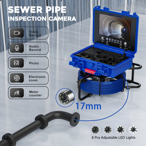 17mm Sewer Inspection Video Endoscope Camera with Meter Counter 9 Inch LCD DVR Video Recording Waterproof LED Adjustable Snake Camera