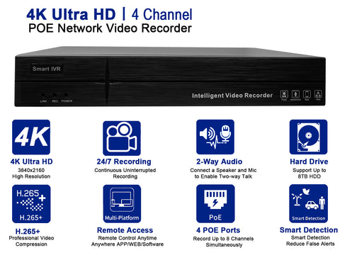 Dosilkc 4K 4 Channel POE NVR,   1080p/3MP/4MP/5MP/8MP POE Network Video Recorder  Supports up to 8TB HDD