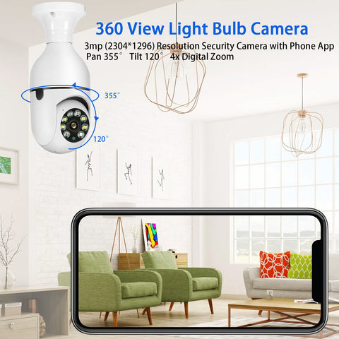 2K 3MP 5G WiFi Light Bulb Security Camera Pan Tilt 4X Digital Zoom Bulb Camera